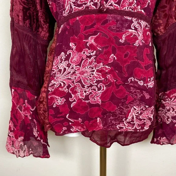 Vintage Faded Glory Peasant Top Women XL Red Floral Velvet Burnout Bell Sleeve - Picture 3 of 10